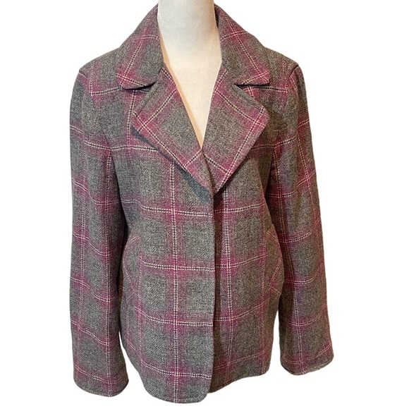 TALBOTS plaid Wool Jacket blazer collar button closure grey pink size 10 med - Picture 2 of 9